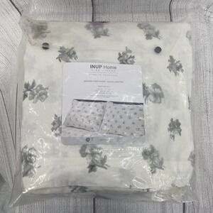 INUP Home Sheet Set QUEEN White Gray Floral Washed Linen Blend Natural Crisp